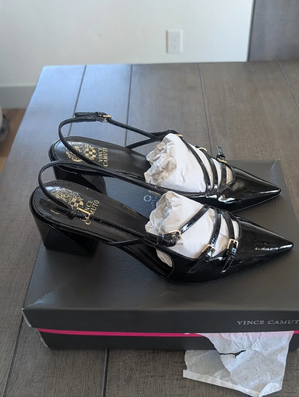 Vince Camuto Black Patent Pointed Slingback Pumps with Sculpted Block Heel